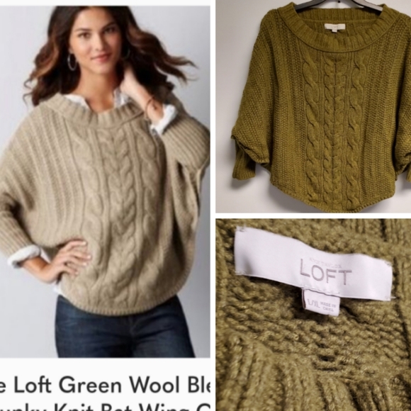 LOFT Sweaters - The Loft Green Wool Blend Chunky Knit Bat Wing Crop Sweater L-XL